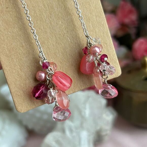 Y2K Silver Pink Shoulder Duster Beaded Earrings - Picture 2 of 3